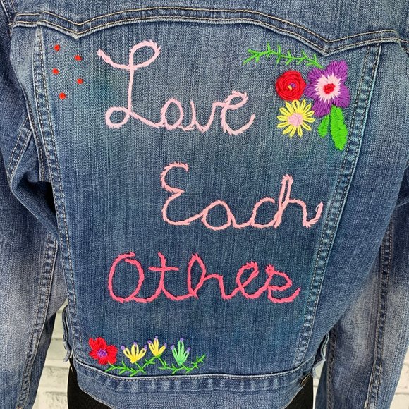 Hand Embroidered Love Each Other Denim Jacket - Picture 2 of 8